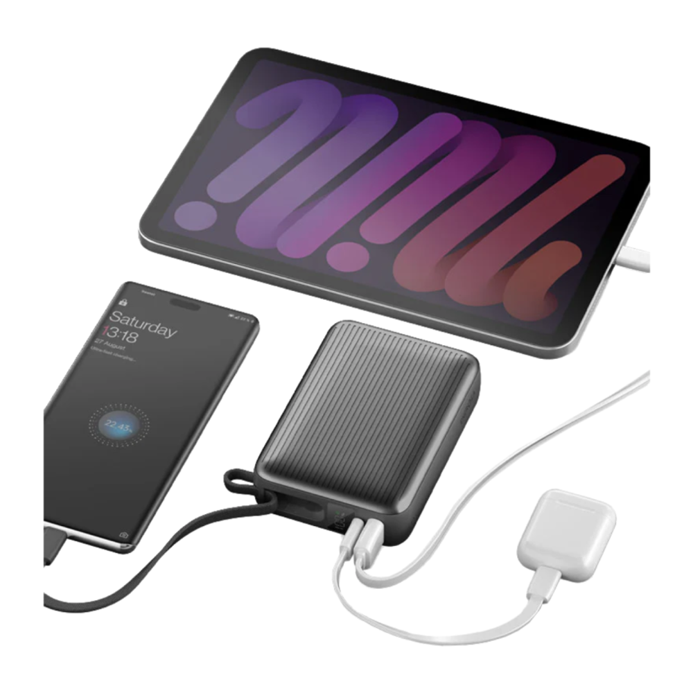 Внешний аккумулятор со встроенным кабелем Energea Integra Ultra 45 (20000 мА·ч) Проводная зарядка: USB-C, USB-A, встроенный кабель USB-C. Беспроводная зарядка: нет. Есть дисплей, поддержка PD 3.0, QC 3.0, PPS, AFC, SCP и FCP. Энергоёмкость — 77 Вт·ч. Макс