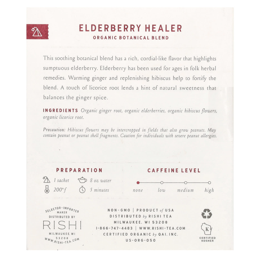 Rishi Tea, органическая растительная смесь, бузина, без кофеина, 15 пакетиков по 55,5 г (1,95 унции)