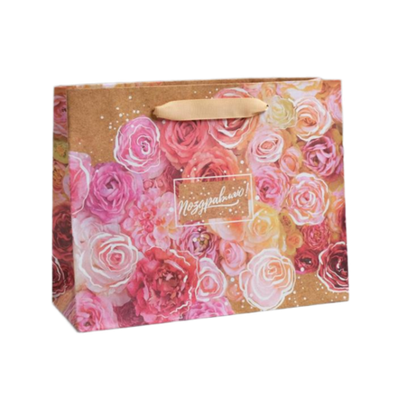 Пакет горизонтальный крафтовый «Цветочное настроение», MS 23 × 18 × 8 см