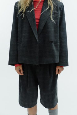 ZARA УКОРОЧЕННЫЙ БЛЕЙЗЕР ОВЕРСАЙЗ В КЛЕТКУ, СЕРЫЙ МЕЛАНЖ