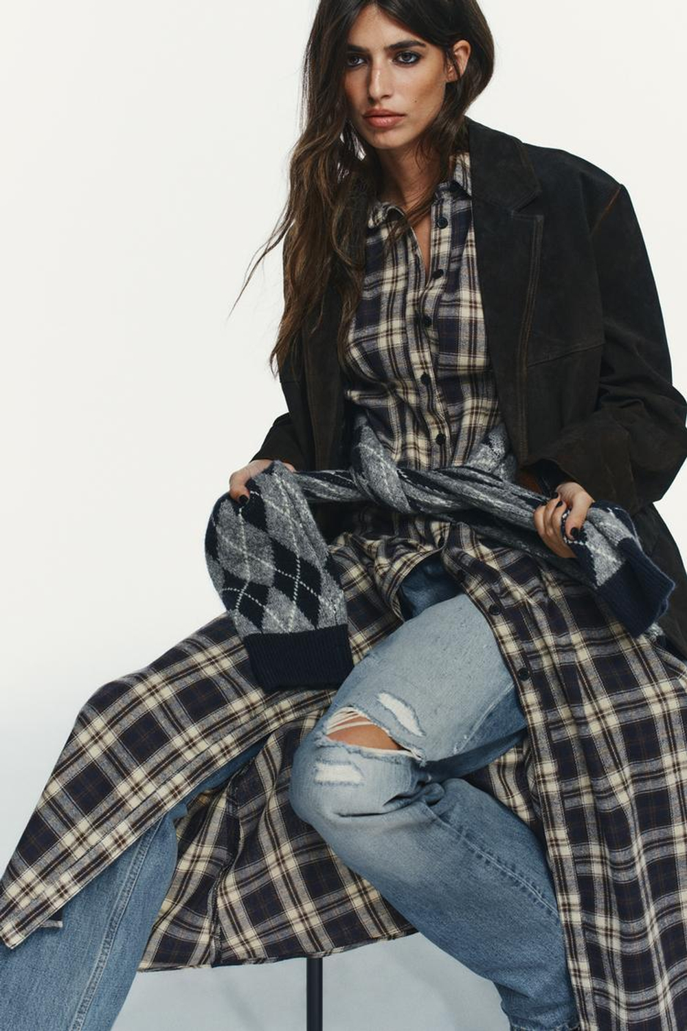 ZARA ПЛАТЬЕ МИДИ В КЛЕТКУ СО СКЛАДКАМИ, КОРИЧНЕВО-СИНИЙ