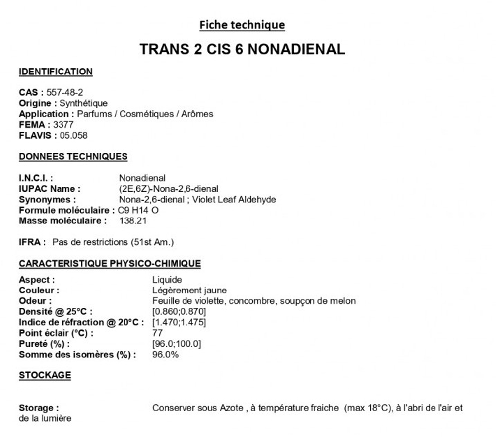 TRANS 2 CIS 6 NONADIENAL 1% in DPG / ТРАНС 2 ЦИС 6 НОНАДИЕНАЛЬ CAS 557-48-2 ; 25265-71-8