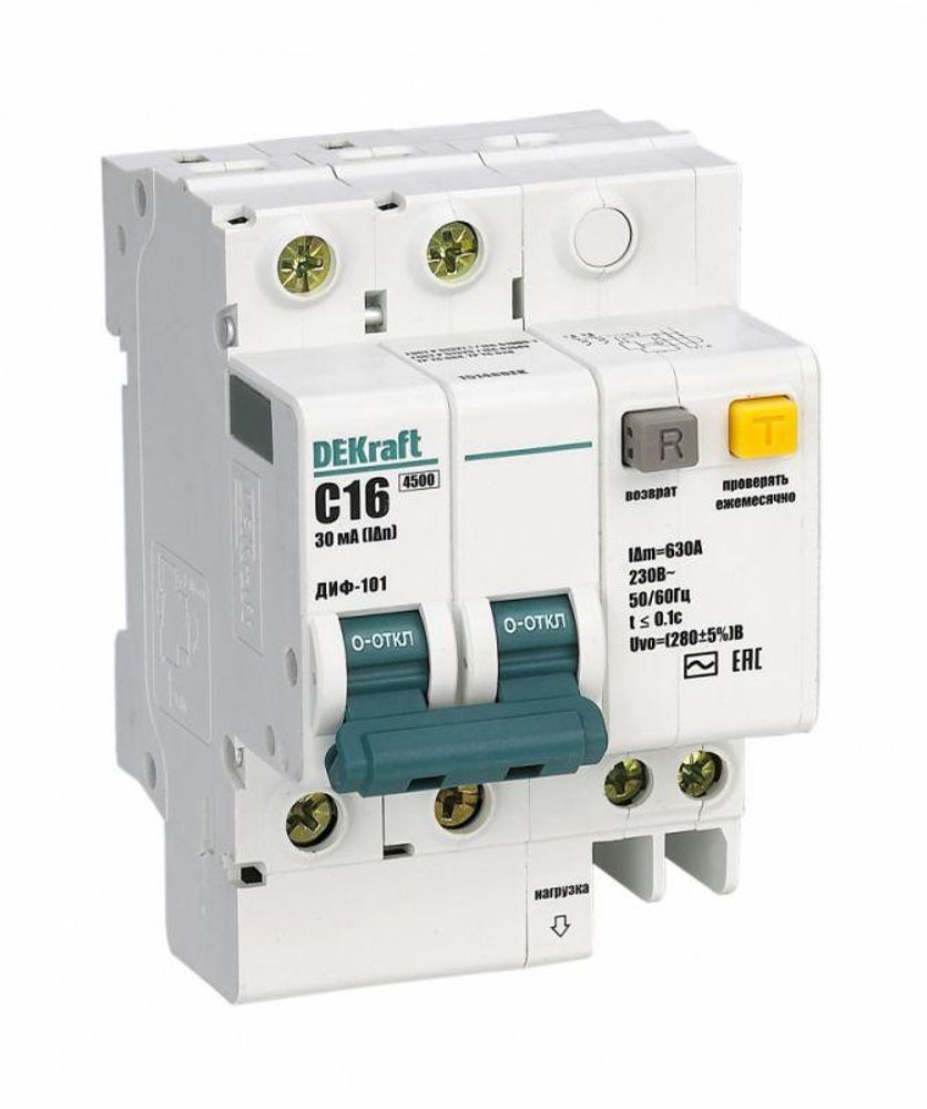 Выключатель автоматический дифференциального тока 2п (1P+N) C 63А 30мА тип AC + OV ДИФ-101 со встроен. защитой от сверхтоков DEKraft 15154DEK