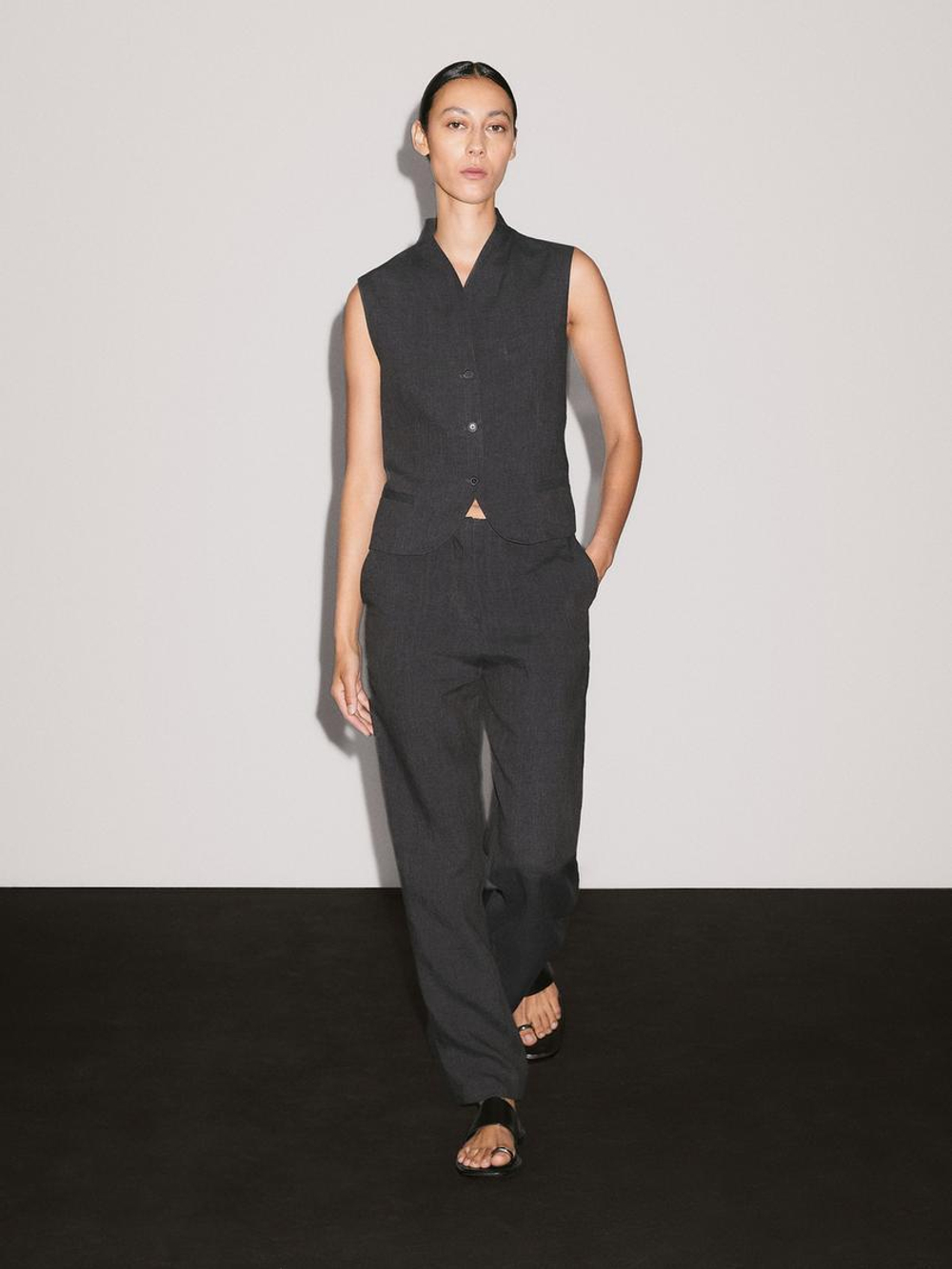 Massimo Dutti Жилет из 100% льна с высоким воротником, темно-серый