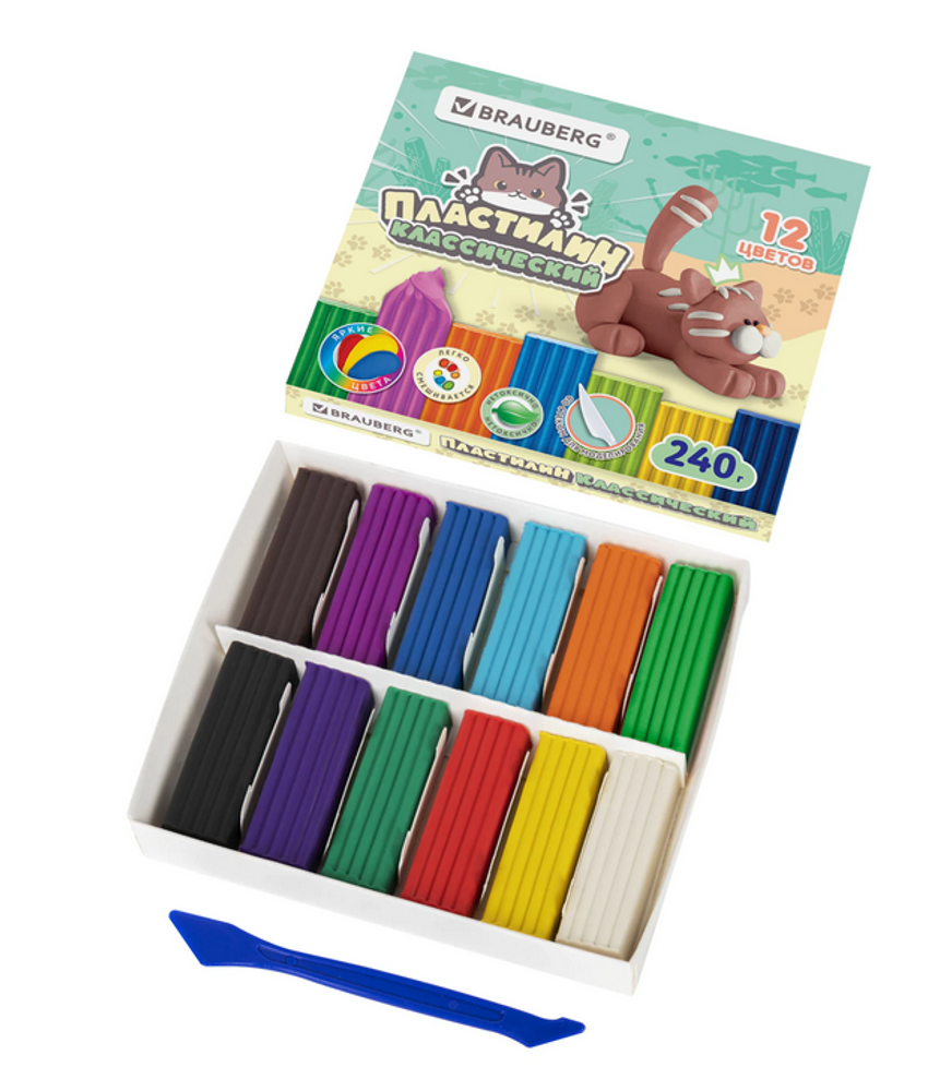 Пластилин классический 12цв. 240 гр. "Милые коты" стек (BRAUBERG)