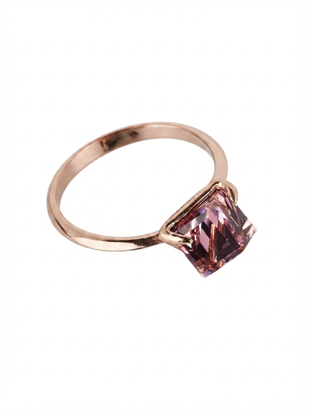 Кольцо Миражи тонкое с розовым кристаллом-кубиком Swarovski