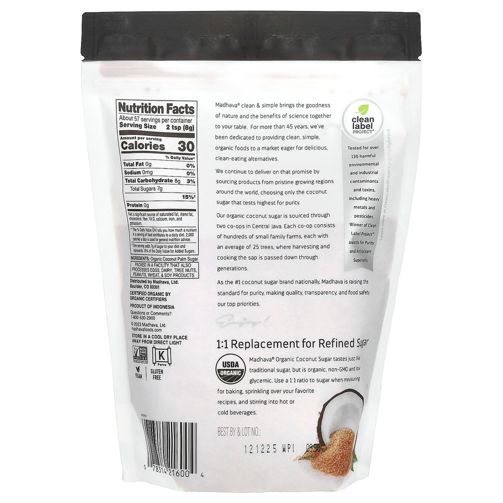 Madhava, Органический кокосовый сахар, нерафинированный, 454 г (16 унций)