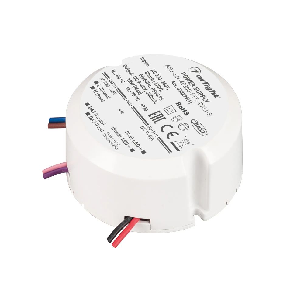 Блок питания ARJ-SN-40300-PFC-DALI-R (12W, 9-40V, 0.3A) (Arlight, IP20 Пластик, 3 года) 038299(1)