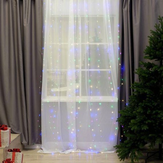 Занавес-роса 2.8×3 м. на крючках, пульт, IP20, серебристая нить, 300 мульти LED, 8 режимов, USB, Luazon Lighting (4814715)