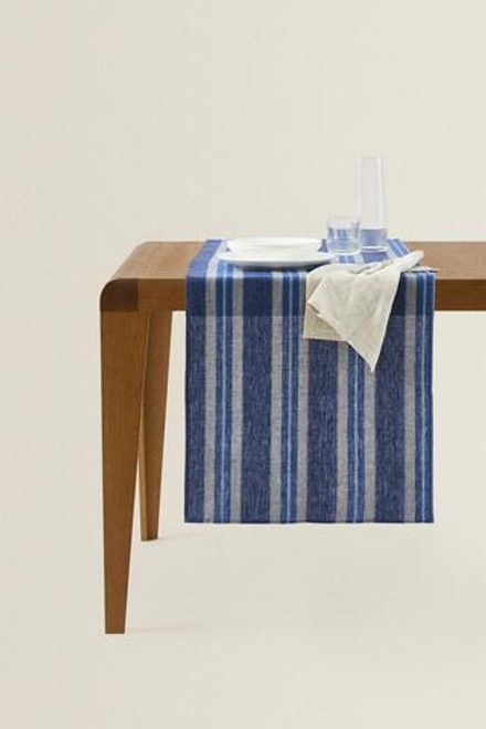 ZARA HOME ПОЛОСАТАЯ ЛЬНЯНАЯ ДОРОЖКА, СИНИЙ