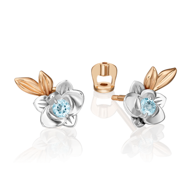 Серьги-пусеты «Орхидеи» (пожелание любви) из комбинированного золота с топазом