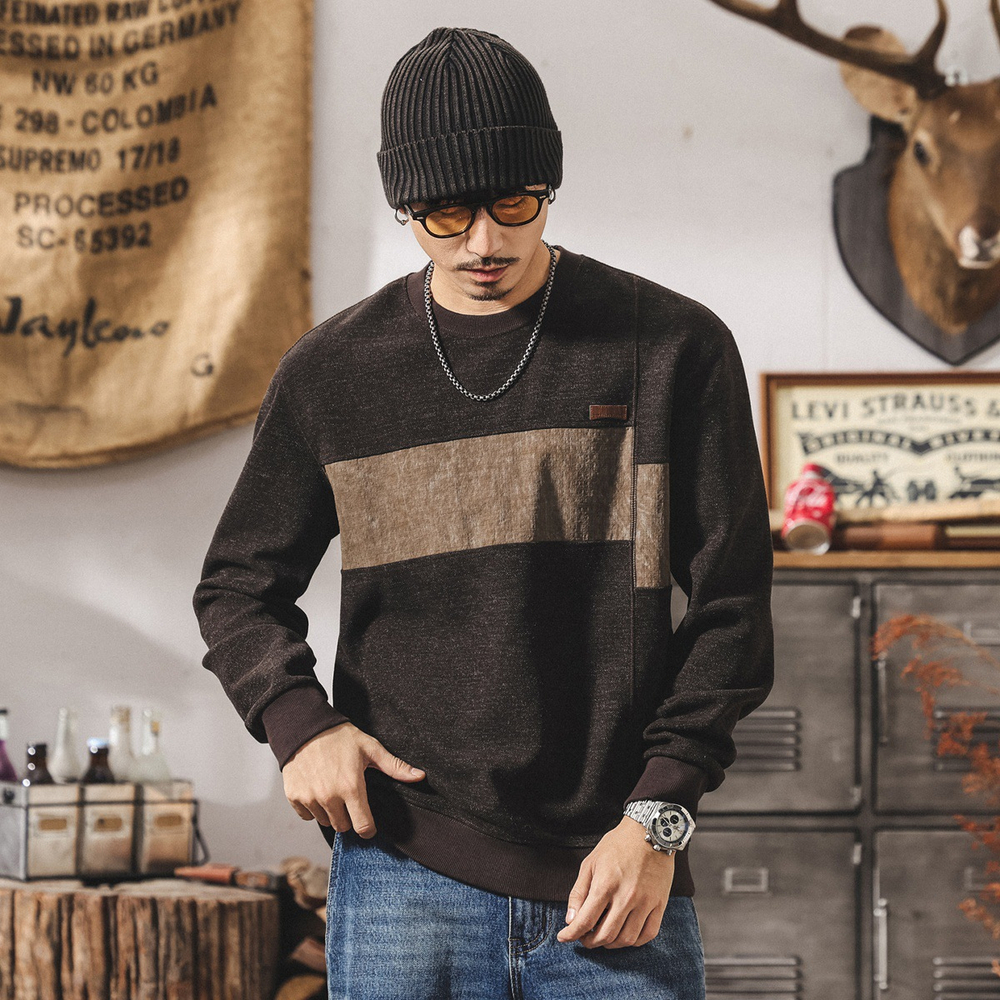 Мужская флисовая толстовка с вставкой на груди в американском ретро стиле