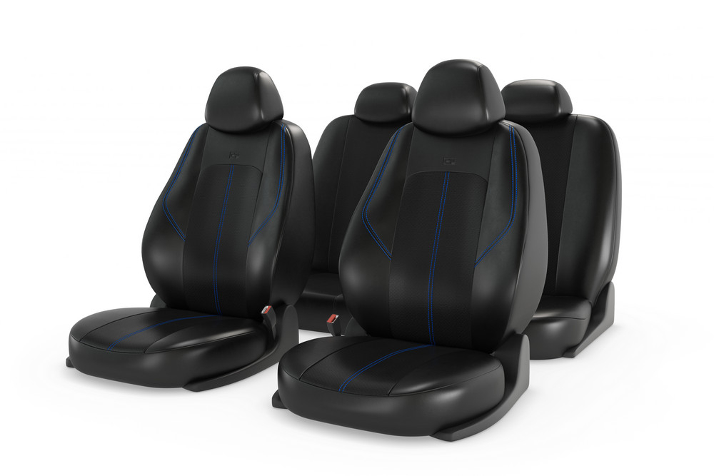 Чехлы на сидения CarFashion «RANGER LEATHER» 11212 - Экокожа -черный/черный перф/шов синий