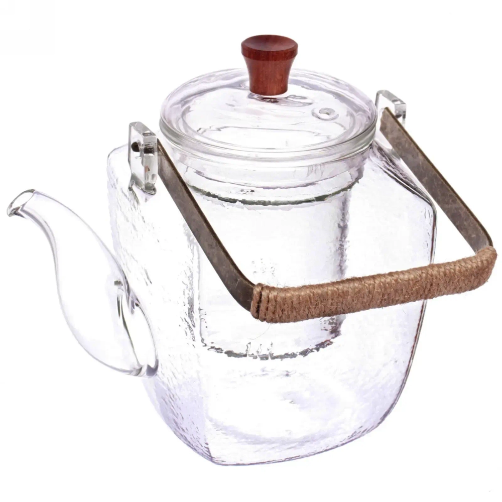 Чайник заварочный стеклянный 1000мл «ICE» со стеклянным ситом, плетеная ручка, кубышка