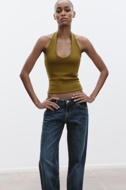 ZARA ТОП С ВЫРЕЗОМ ХАЛТЕР, ОЛИВКОВЫЙ