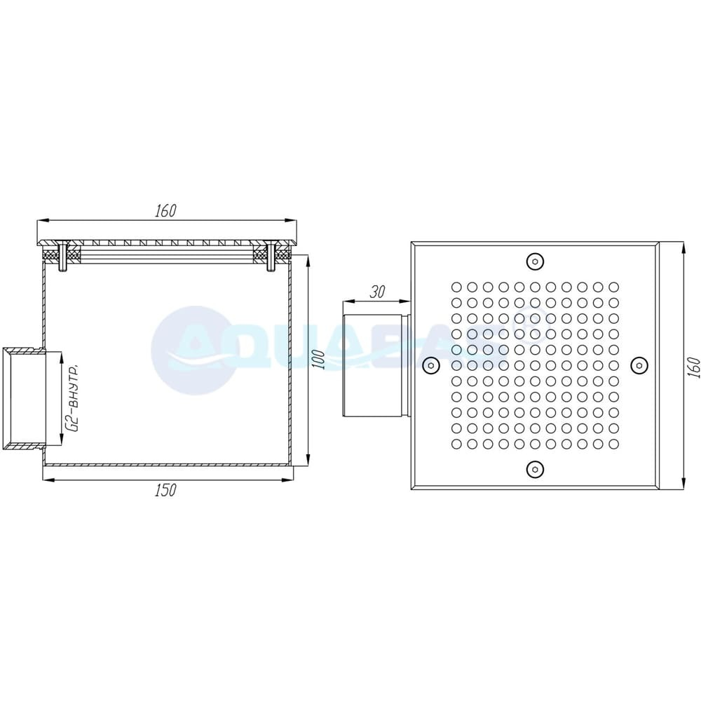 СД.50.1 Слив донный квадратный 150х150х100 2" (внутр.) плитка