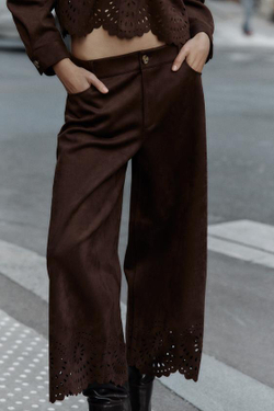 ZARA БРЮКИ-КЮЛОТЫ ИЗ ИСКУССТВЕННОЙ ЗАМШИ С ПЕРФОРИРОВАННЫМ НИЗОМ, КОРИЧНЕВЫЙ