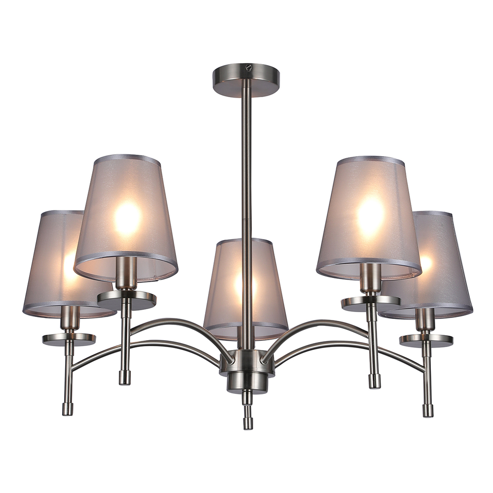 Светильник на штанге 5x40Вт E14, металл/ткань, никель/серый плафон