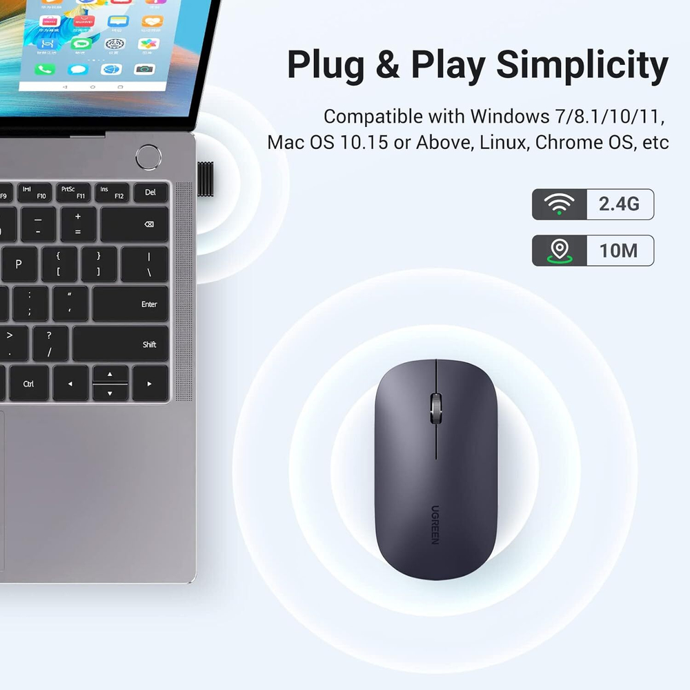Мышь оптическая беcпроводная MU001 (90372), 2.4 GHz, Black UGREEN 90372