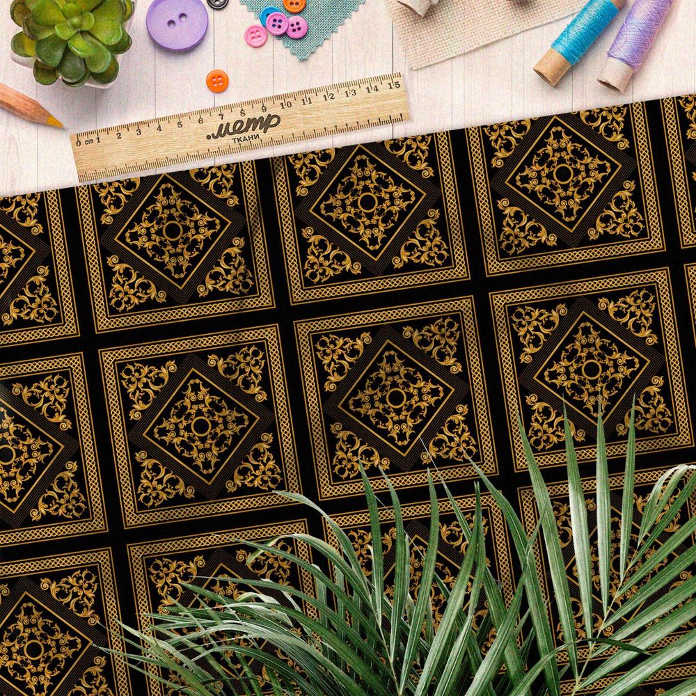 Ткань габардин золотой восточный узор на чёрном фоне