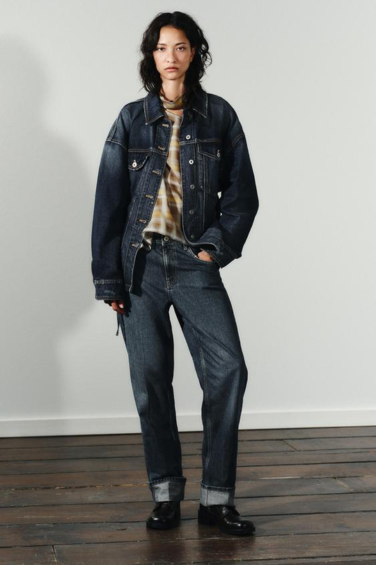 ZARA ПРЯМЫЕ ДЖИНСЫ FOLDED СО СРЕДНЕЙ ПОСАДКОЙ, МОРСКОЙ СИНИЙ