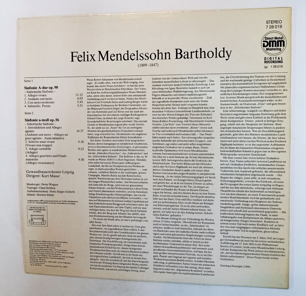 Винтажная виниловая пластинка LP Felix Mendelssohn Мендельсон Sinfonie A moll Op. 56 Schottische, Sinfonie A Dur Op.90 (ГДР 1989)