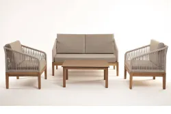 "Канны" лаунж-зона 4-местная из роупа со столиком "Канны" цвета "дуб", основание дуб, роуп бежевый