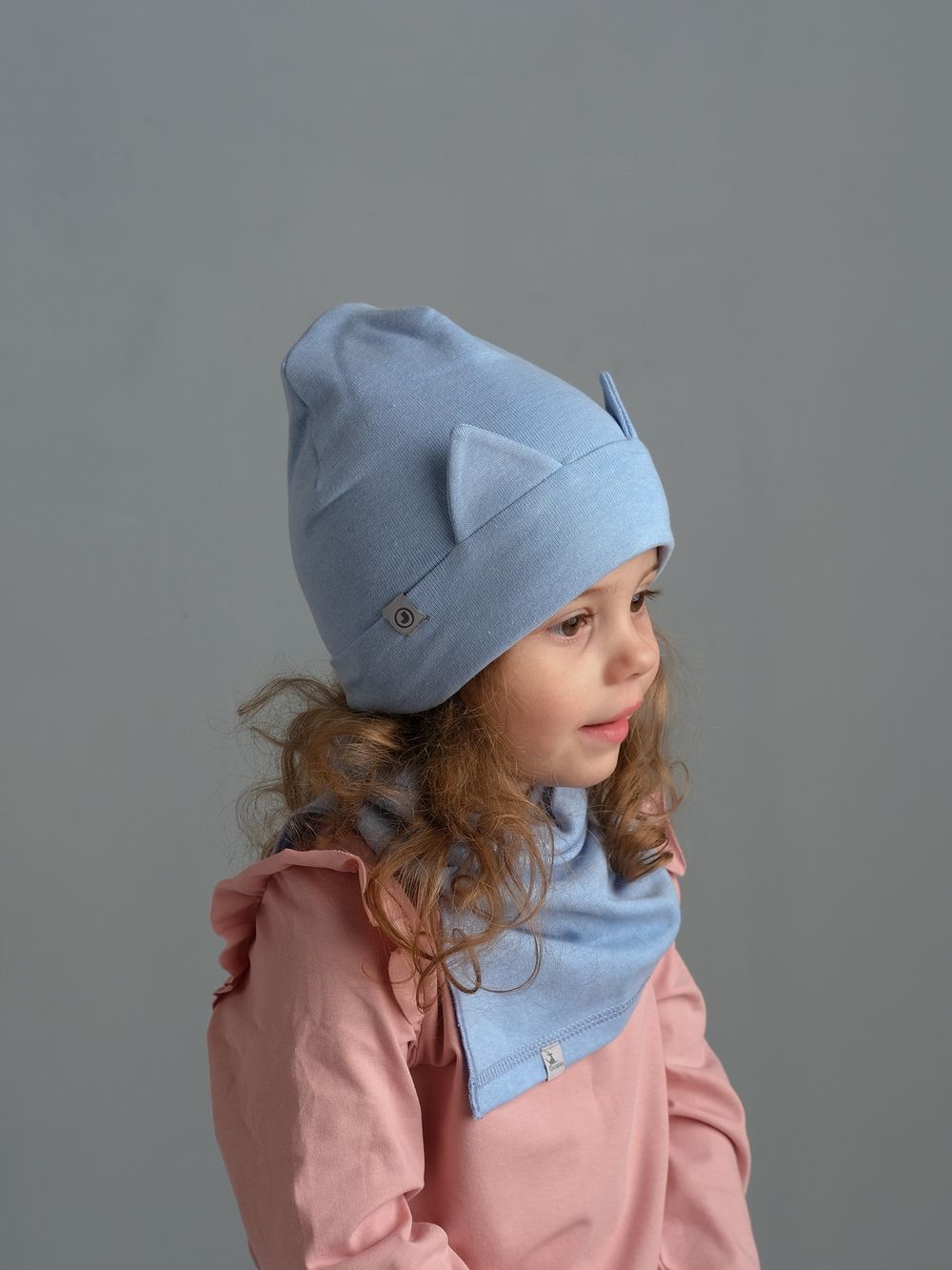 Комплект Шапка трикотажная+снуд (Голубой меланж) с ушками КИС*