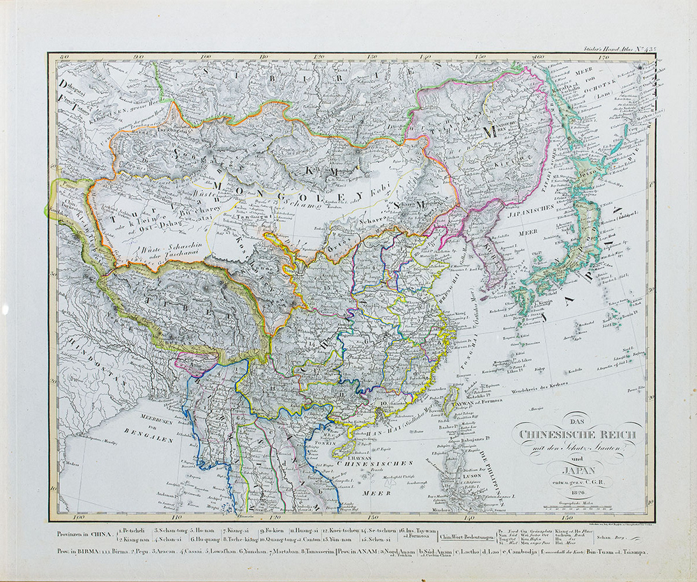Карта Китайской империи и Японии. Германия. 1826. Резец с подрисовкой.