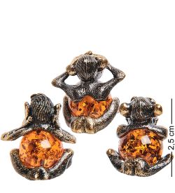 AM- 479 Комплеки фигурок «Обезьяна - «Не вижу, не слышу, не скажу» (латунь, янтарь)