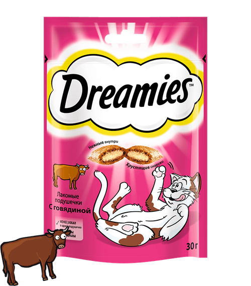 Лакомство Dreamies для кошек, лакомые подушечки с говядиной, 30 г