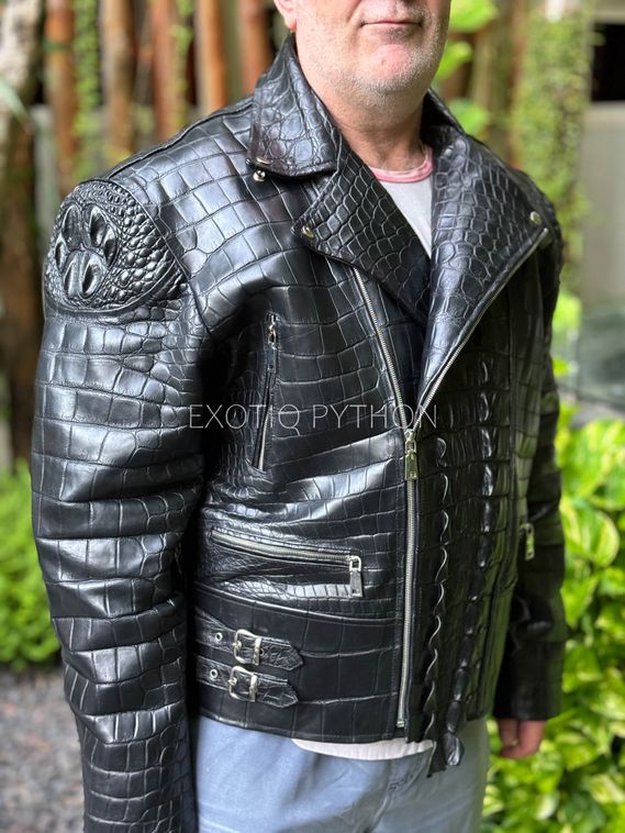Мужская куртка из кожи крокодила черного цвета, косуха , мото куртка - JT-124