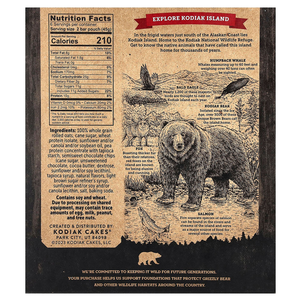 Kodiak Cakes, Хрустящие батончики из мюсли, шоколадная крошка, 6 пакетиков по 2 плитки, 45 г (1,59 унции)