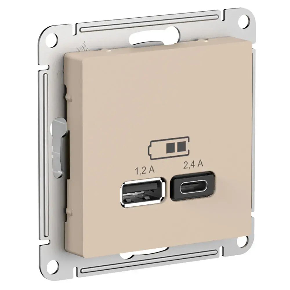ATLASDESIGN USB РОЗЕТКА А+С, 5В/2,4А, 2х5В/1,2А, механизм, ПЕСОЧНЫЙ