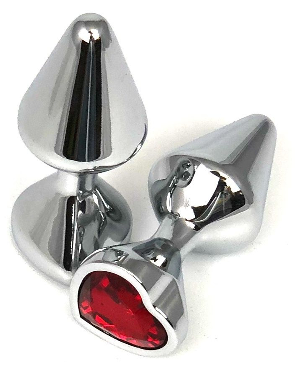 Серебристая анальная пробка с красным кристаллом-сердцем - 8 см. (Цвет: красный)