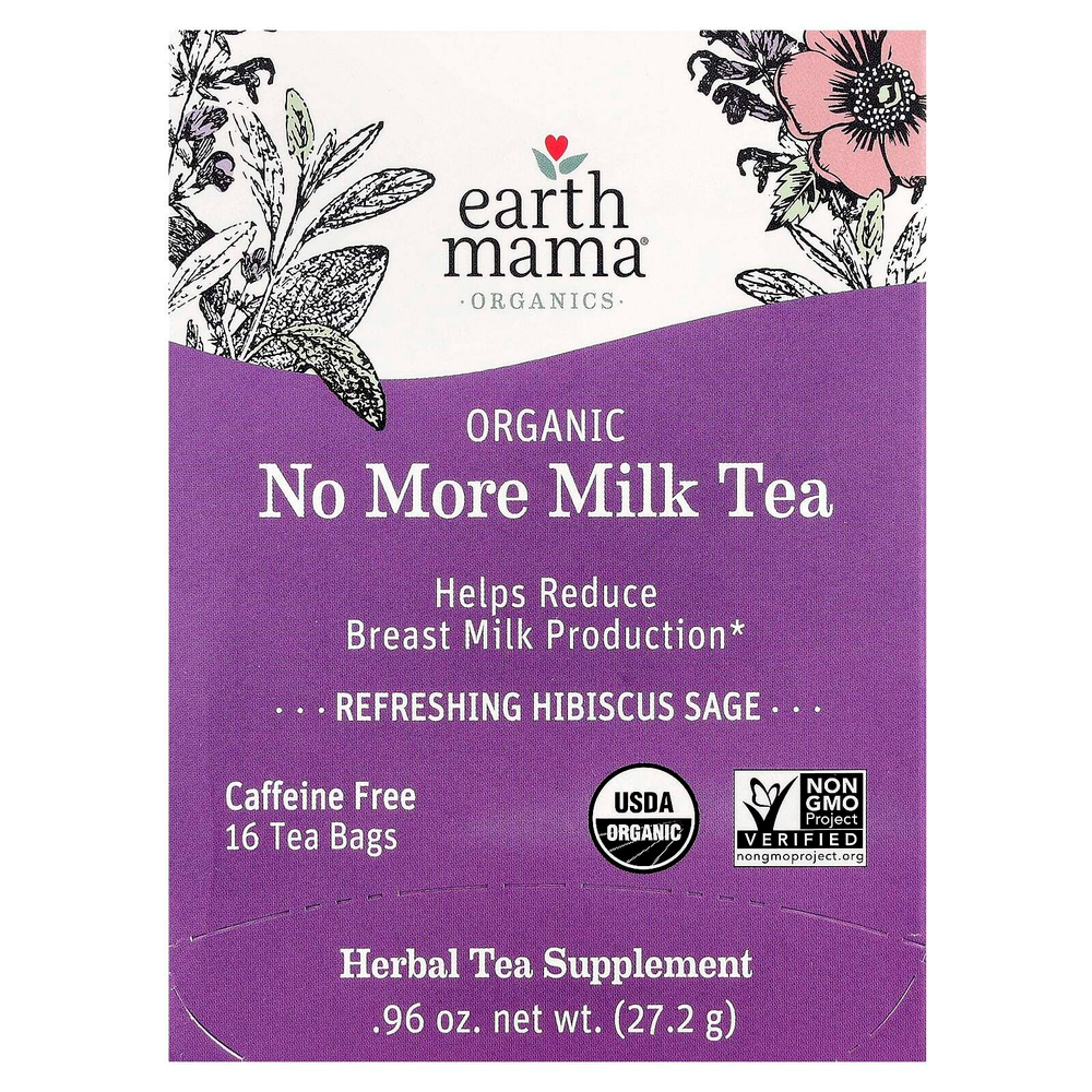 Earth Mama, Organic No More Milk Tea, освежающий чай из гибискуса, без кофеина, 16 чайных пакетиков, 27,2 г (0,96 унции)