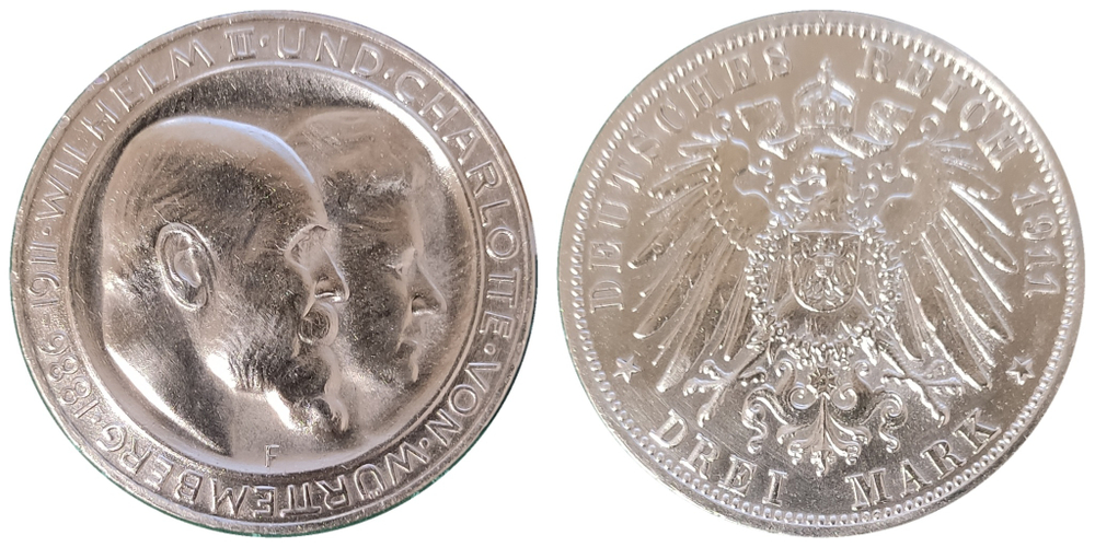 Германская империя Вюртемберг 3 марки, 1911 25 лет свадьбе Вильгельма II и Шарлотты XF
