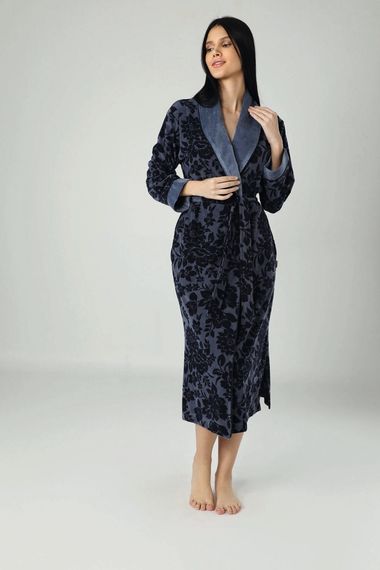 Халат женский велюровый жаккард 0443 синий NUSA Турция