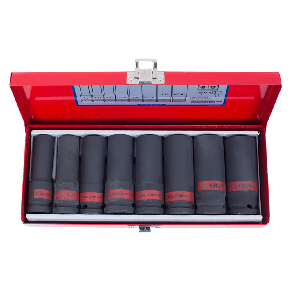 Набор ударных глубоких торцевых головок 1/2", шестигранные, 1/2"-15/16", 8 предметов KING TONY 4410SP