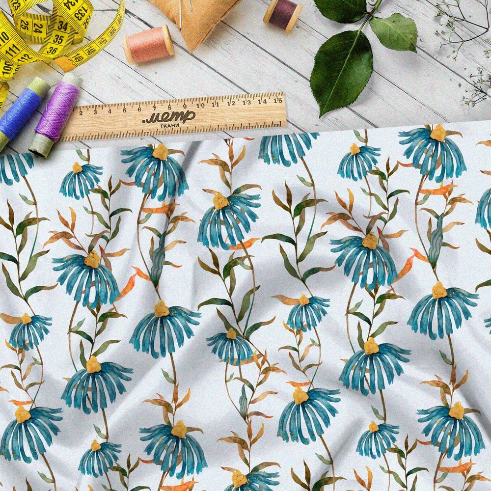 Ткань кулирная гладь увядающие васильки с желтеющими стеблями