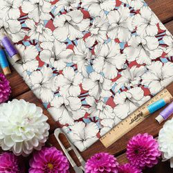 Ткань сатин белые пышные цветы на голубом фоне