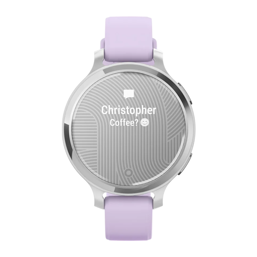 Спортивные часы Garmin Lily 2 Active, силиконовый ремешок цвета «фиолетовый жасмин» Серебристый безель из алюминия, стекло Gorilla Glass. Ремешок с классической застёжкой — на запястье обхватом 110–175 мм