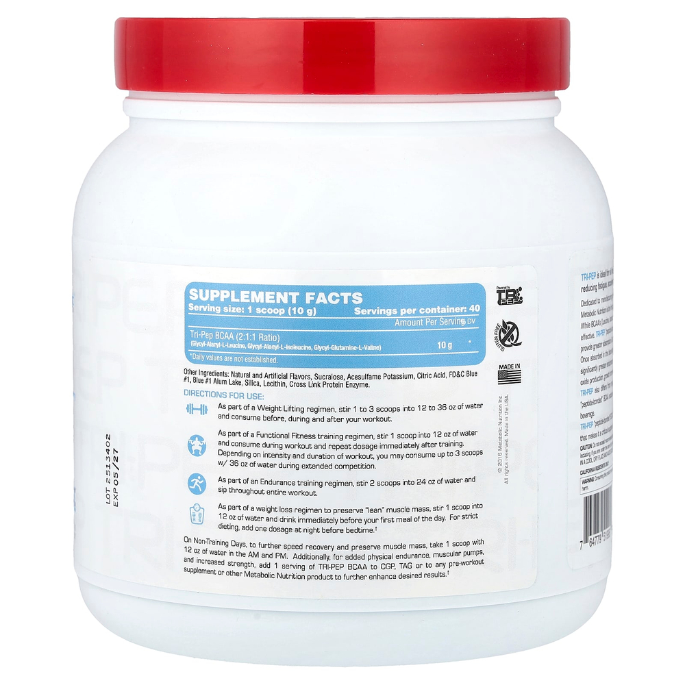 Metabolic Nutrition, Tri-Pep®, аминокислота с разветвленной цепью, со вкусом голубой малины, 400 г (14,1 унции)