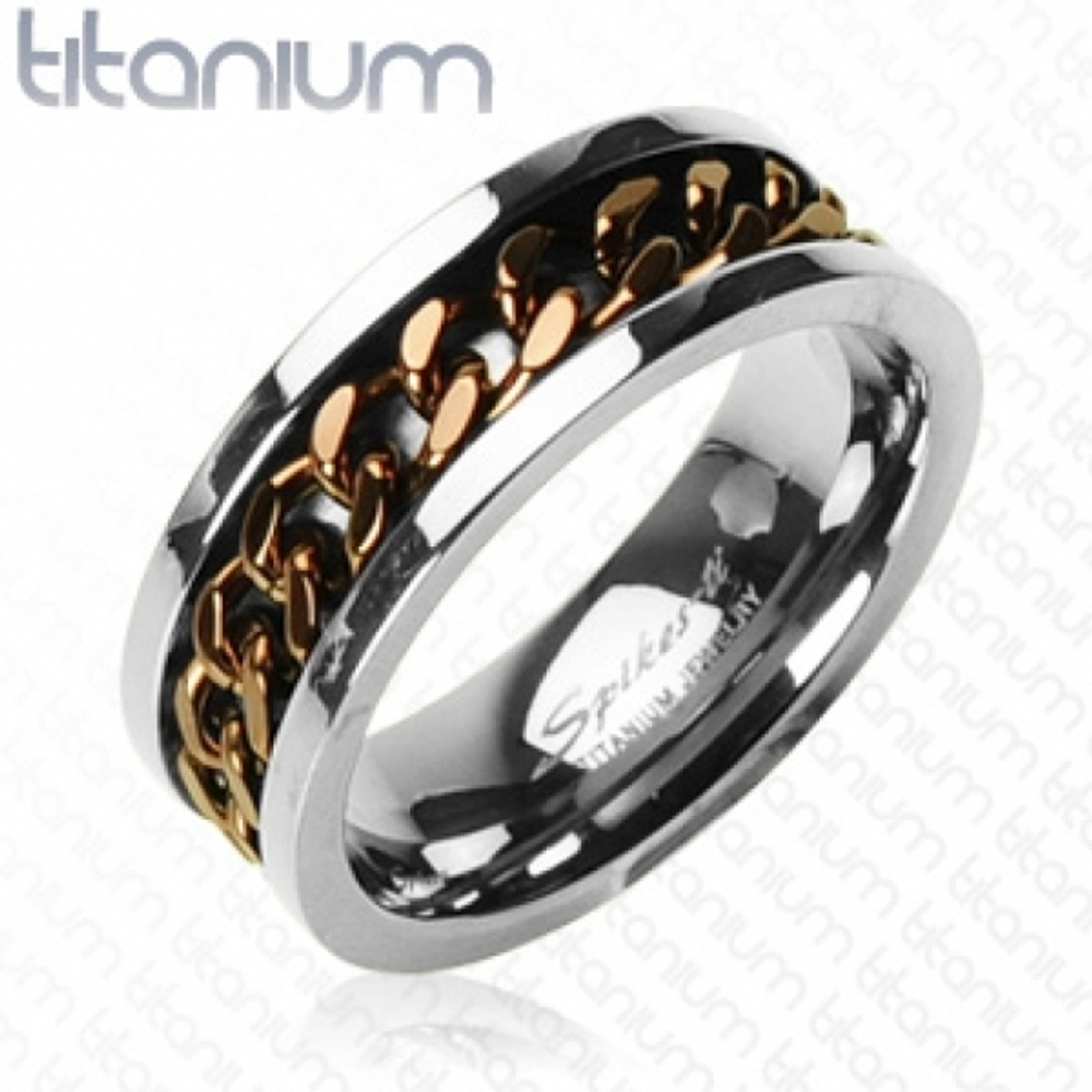 Стильное необычное мужское кольцо из лёгкого и прочного титана с крутящейся серединкой из цепочки медного цвета SPIKES R-TI-0153B