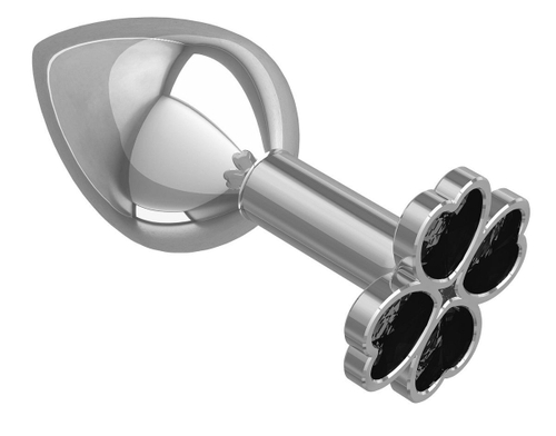 Средняя серебристая анальная втулка с клевером из черных кристаллов - 8,5 см.