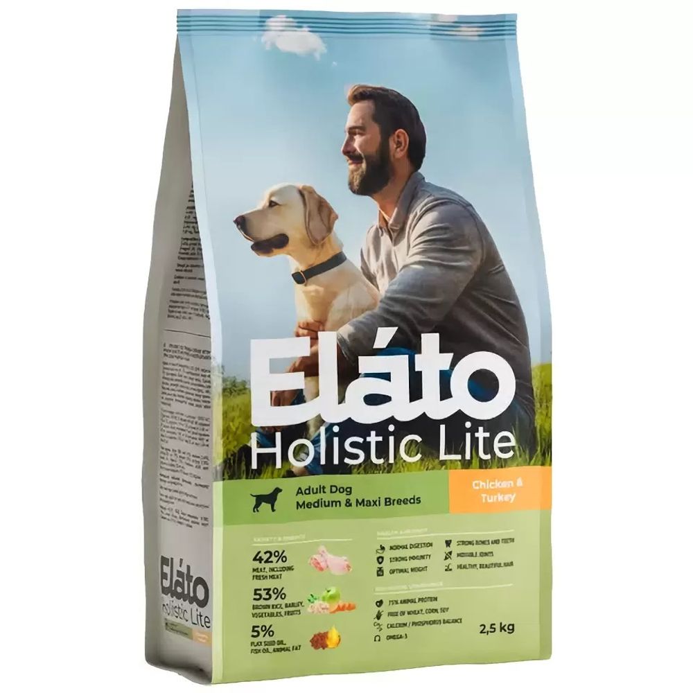 Сухой корм Elato Holistic Lite для собак средних и крупных пород с курицей и индейкой - 2,5 кг