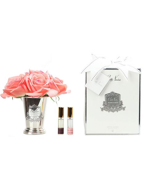 Букет роз кораллового цвета в металлической вазе, Cote Noire