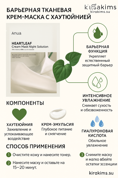 Anua Heartleaf Cream Mask Night Solution - Барьерная тканевая крем-маска с хауттюйнией 1шт
