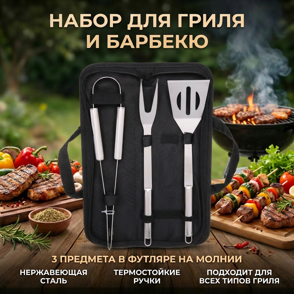 Набор для барбекю из 3 предметов в футляре BD-0015: щипцы, вилка, лопатка