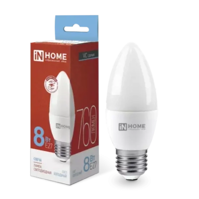 Лампа светодиодная LED-СВЕЧА-VC 8Вт 230В Е27 6500К ХОЛОДНЫЙ 760Лм IN HOME